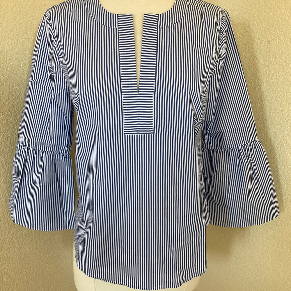 NWT J. Crew split neck blue striped blouse with ruffle sleeves Size 4P